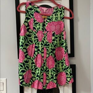 Silk Lilly Pulitzer top - vibrant pink and green with shell clasp, “Tara” top